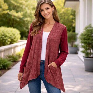 LOGO Lori Goldstein Burgundy/Wine Sweater, Faux Suede Sleeves - Size Small